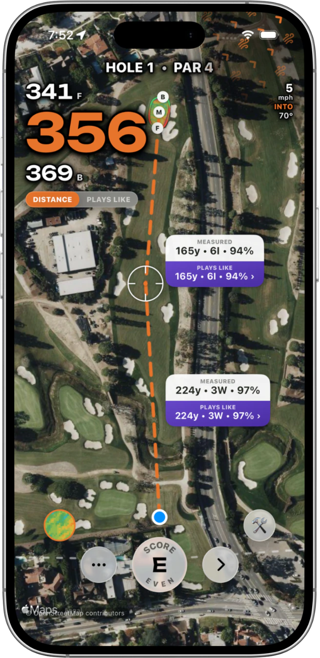Grassy Course GPS Beta on iPhone showing live front, middle, and back yardages, wind, distance and plays-like shot planning, and scoring on a satellite course map